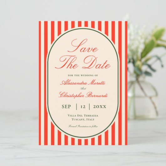 Elegant Sunset Orange Stripe Italian Wedding セーブザデート (スタンド正面)