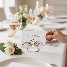 Elegant Swan Love Red Heart Script Name Place card サンキューカード