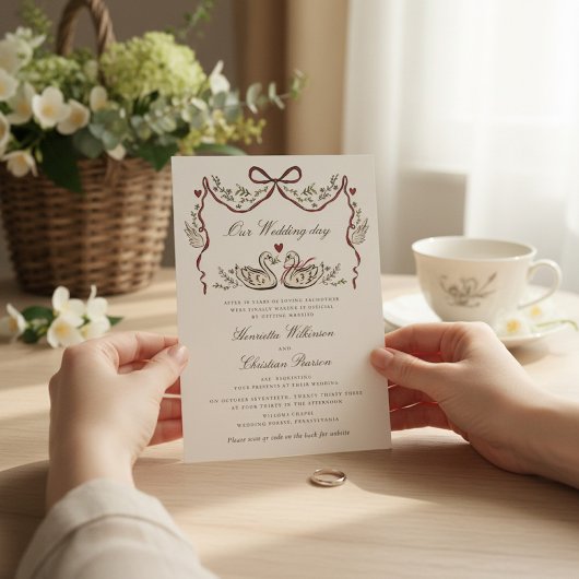 Elegant Swans Garland Red Ribbon Wedding 招待状