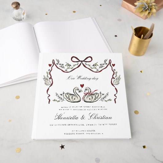 Elegant Swans Love Story Wedding Day Guest Book ゲストブック (正面見開き)