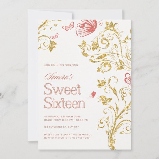 Elegant Sweet 16 Birthday Party Invitation - Peach 招待状 (正面)