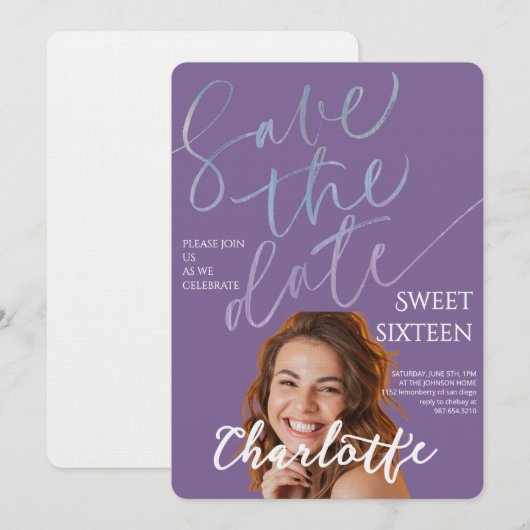 Elegant Sweet 16 Save the Date Birthday 招待状 (正面/裏面)