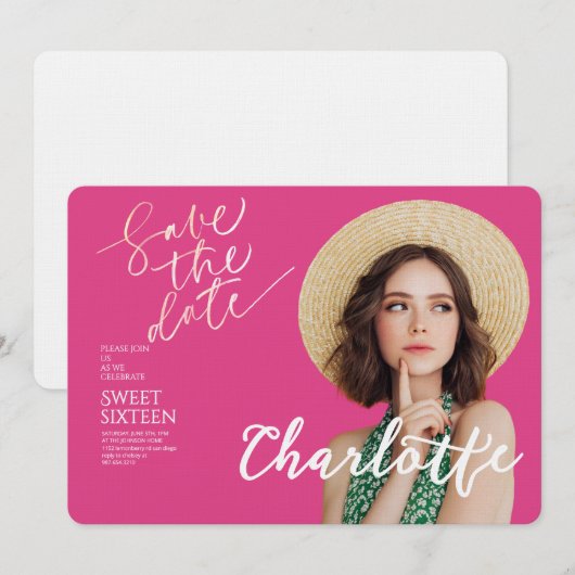 Elegant Sweet 16 Save the Date Birthday 招待状 (正面/裏面)