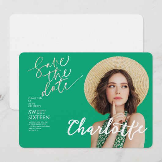 Elegant Sweet 16 Save the Date Birthday 招待状 (正面/裏面)