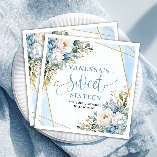 Elegant Sweet Sixteen Watercolor Blue Floral