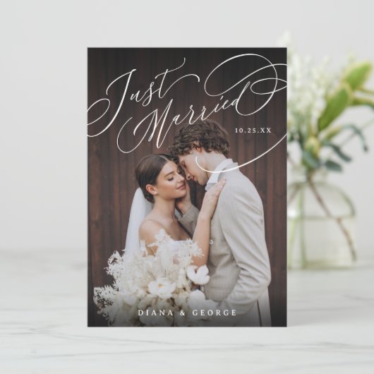 Elegant Swirl Script Just Married Photo Reception 招待状 (スタンド正面)