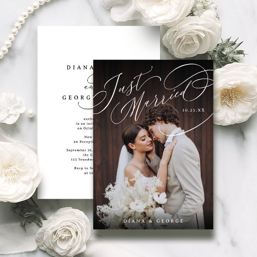 Elegant Swirl Script Just Married Photo Reception 招待状