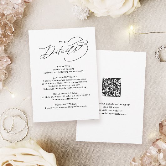 Elegant Swirl Script QR Code Wedding Details ノートカード