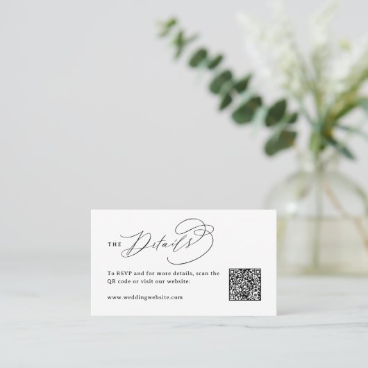 Elegant Swirl Script QR Code Wedding Details プレイスカード (スタンド正面)