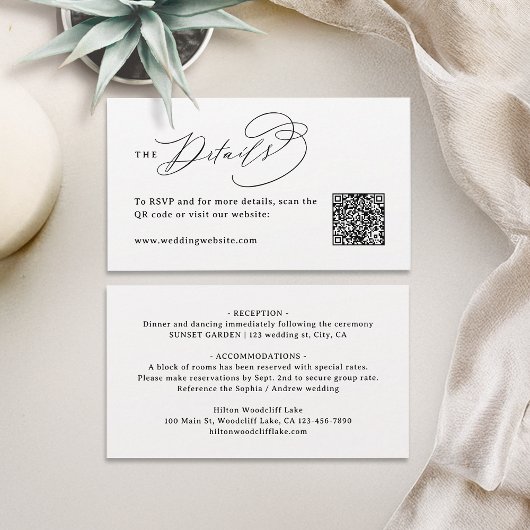 Elegant Swirl Script QR Code Wedding Details プレイスカード