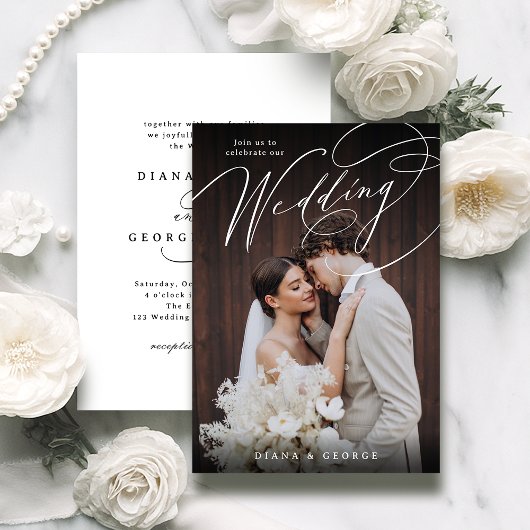 Elegant swirl script Simple Photo Wedding 招待状