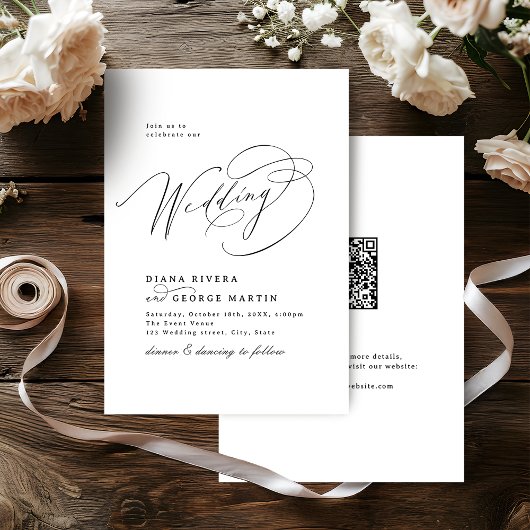 Elegant Swirl Script Simple QR code Wedding 招待状