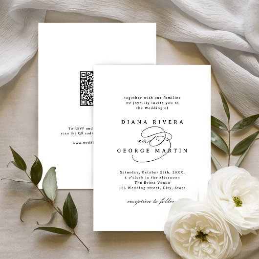 Elegant Swirl Script Simple QR code Wedding 招待状