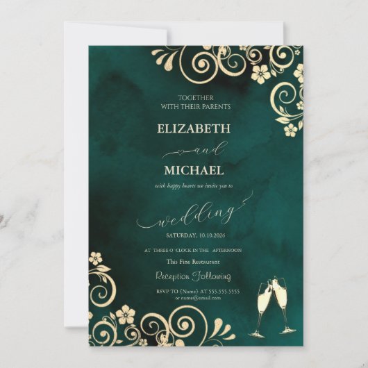 Elegant Swirls,Confetti Wine Glasses Wedding 招待状 (正面)