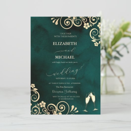 Elegant Swirls,Confetti Wine Glasses Wedding 招待状 (スタンド正面)