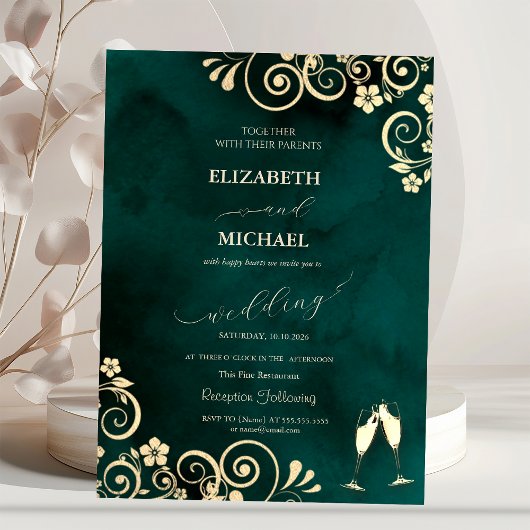 Elegant Swirls,Confetti Wine Glasses Wedding  招待状