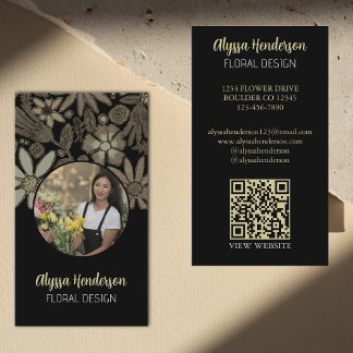 Elegant Tan & Black Floral Photo QR Code Logo 名刺
