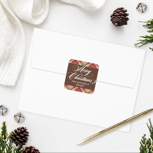 Elegant Tan Brown Tartan Plaid Merry Christmas スクエアシール