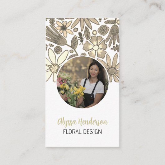 Elegant Tan & White Floral Photo QR Code Logo 名刺 (正面)