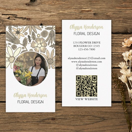 Elegant Tan & White Floral Photo QR Code Logo 名刺
