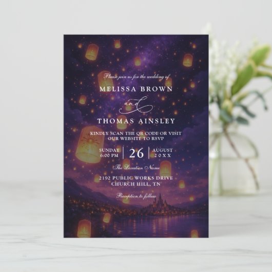 Elegant Tangled Lanterns Budget QR Code Wedding 招待状 (スタンド正面)