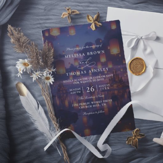 Elegant Tangled Lanterns Budget QR Code Wedding 招待状