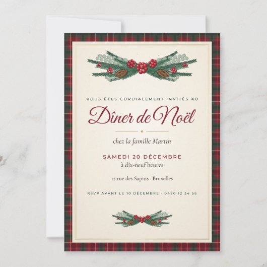 Elegant Tartan Plaid Christmas Dinner Party Invita 招待状 (正面)