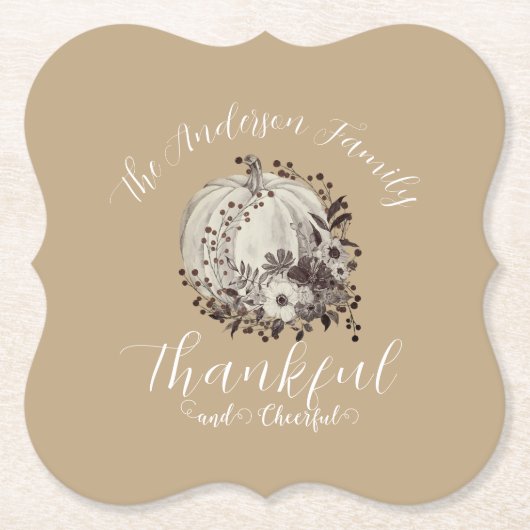 Elegant Taupe Autumn ‘Thankful And Cheerful’ ペーパーコースター (正面)