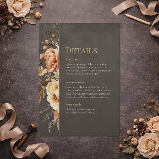Elegant Taupe Floral Wedding Details Card 招待状