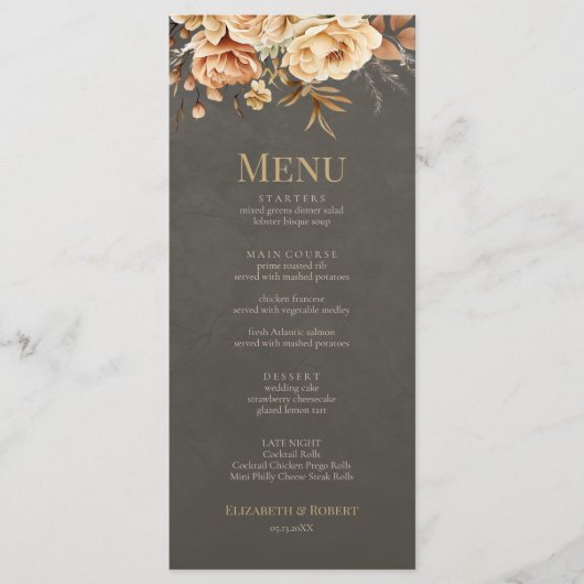 Elegant Taupe Floral Wedding Menu メニュー (正面)