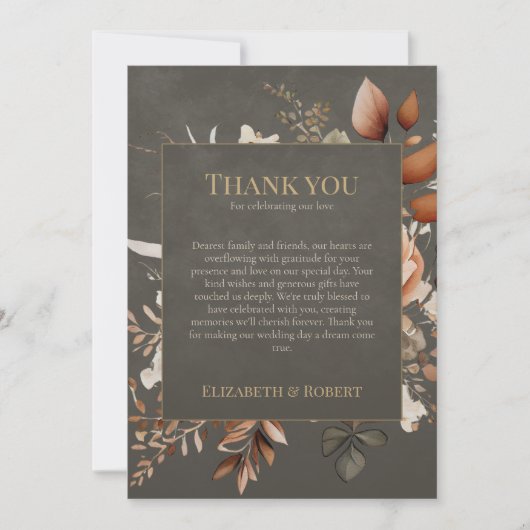 Elegant Taupe Floral Wedding Thank You Card サンキューカード (正面)