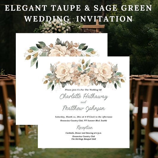 Elegant Taupe Floral Wedding with Sage Green 招待状