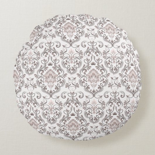 Elegant Taupe & Gray Damask Throw Pillow | Vintage ラウンドクッション (正面)