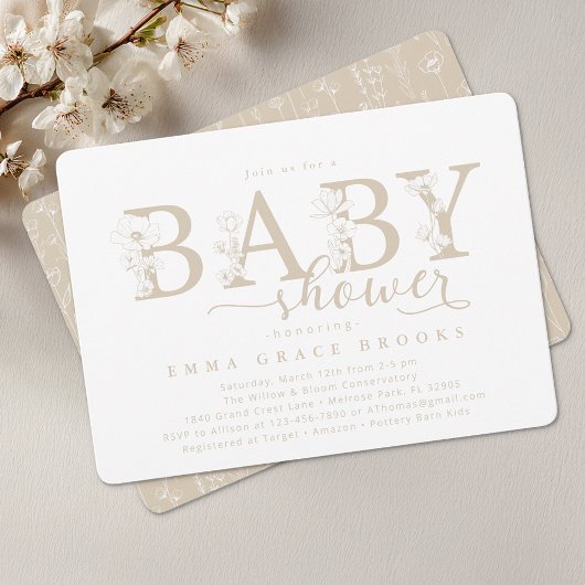 Elegant Taupe Neutral Floral Baby Shower Typograph 招待状