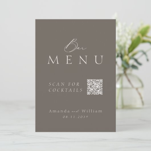Elegant Taupe QR Code Wedding Bar Menu Sign 招待状 (スタンド正面)