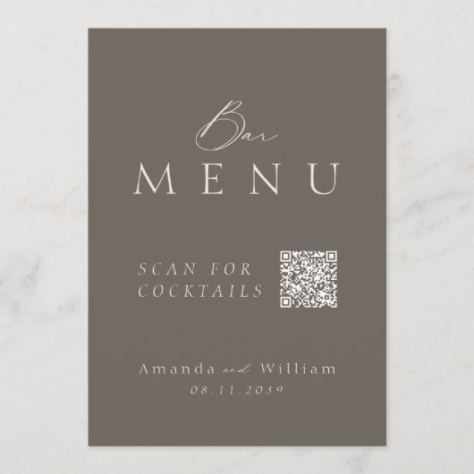 Elegant Taupe QR Code Wedding Bar Menu Sign 招待状 (正面)