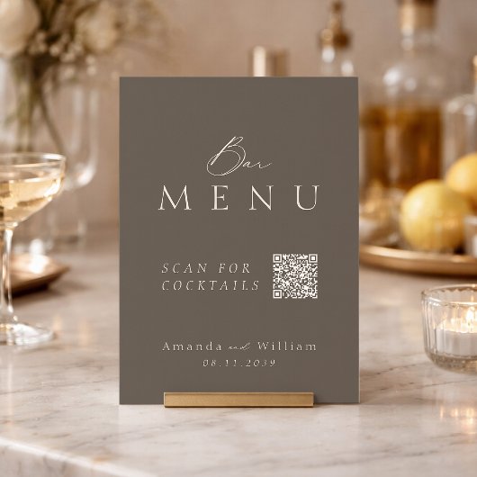 Elegant Taupe QR Code Wedding Bar Menu Sign 招待状