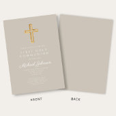 Elegant Taupe Religious Cross Boy First Communion 招待状
