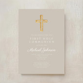 Elegant Taupe Religious Cross Boy First Communion 招待状
