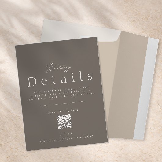 Elegant Taupe Wedding Details Card with QR Code  招待状