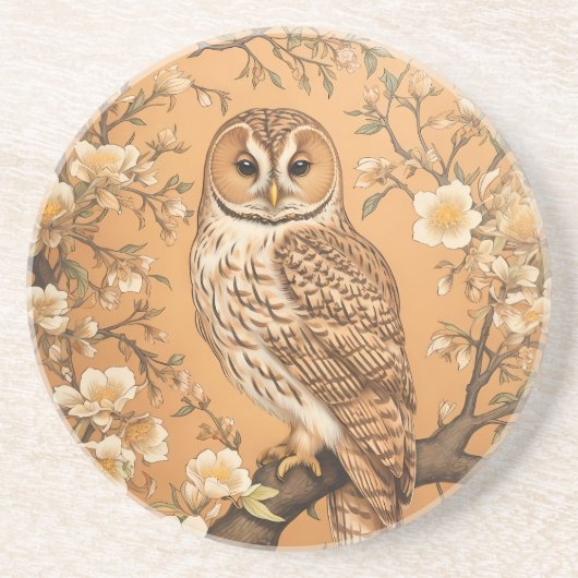 Elegant Tawny Owl William Morris Inspired コースター (正面)