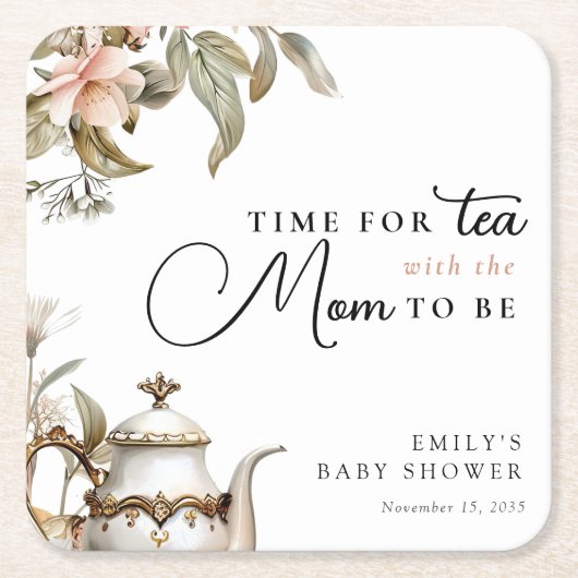 Elegant Tea Party Baby Shower スクエアペーパーコースター (正面)