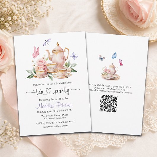 Elegant Tea Party QR Code Butterfly Bridal Shower  招待状