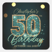 Elegant Teal and Gold Mosaic 50th Birthday Party スクエアシール (正面)