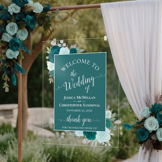 Elegant Teal & Aqua Boho Roses Wedding Welcome アクリルサイン