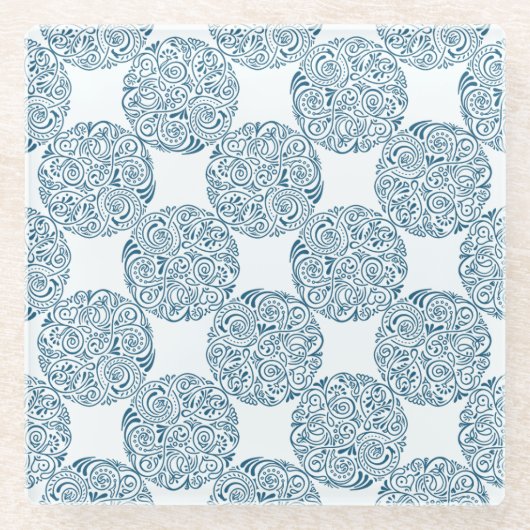 Elegant Teal Bloom Pattern Coaster ガラスコースター (正面)