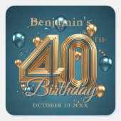 Elegant Teal Blue and Gold 40th Birthday Party スクエアシール (正面)