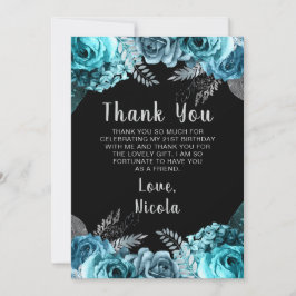 Elegant Teal Blue and Silver Flower Birthday Party サンキューカード