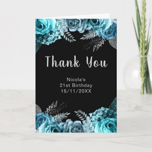 Elegant Teal Blue and Silver Flower Birthday Party サンキューカード (正面)