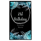 Elegant Teal Blue and Silver Flower Birthday Party スモールペーパーバッグ (裏面)